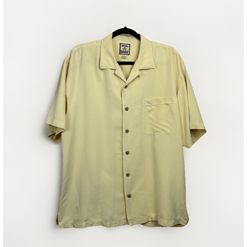Tommy Bahama Mens Large 100% Silk Shirt Yellow Short Sleeved Button Up
